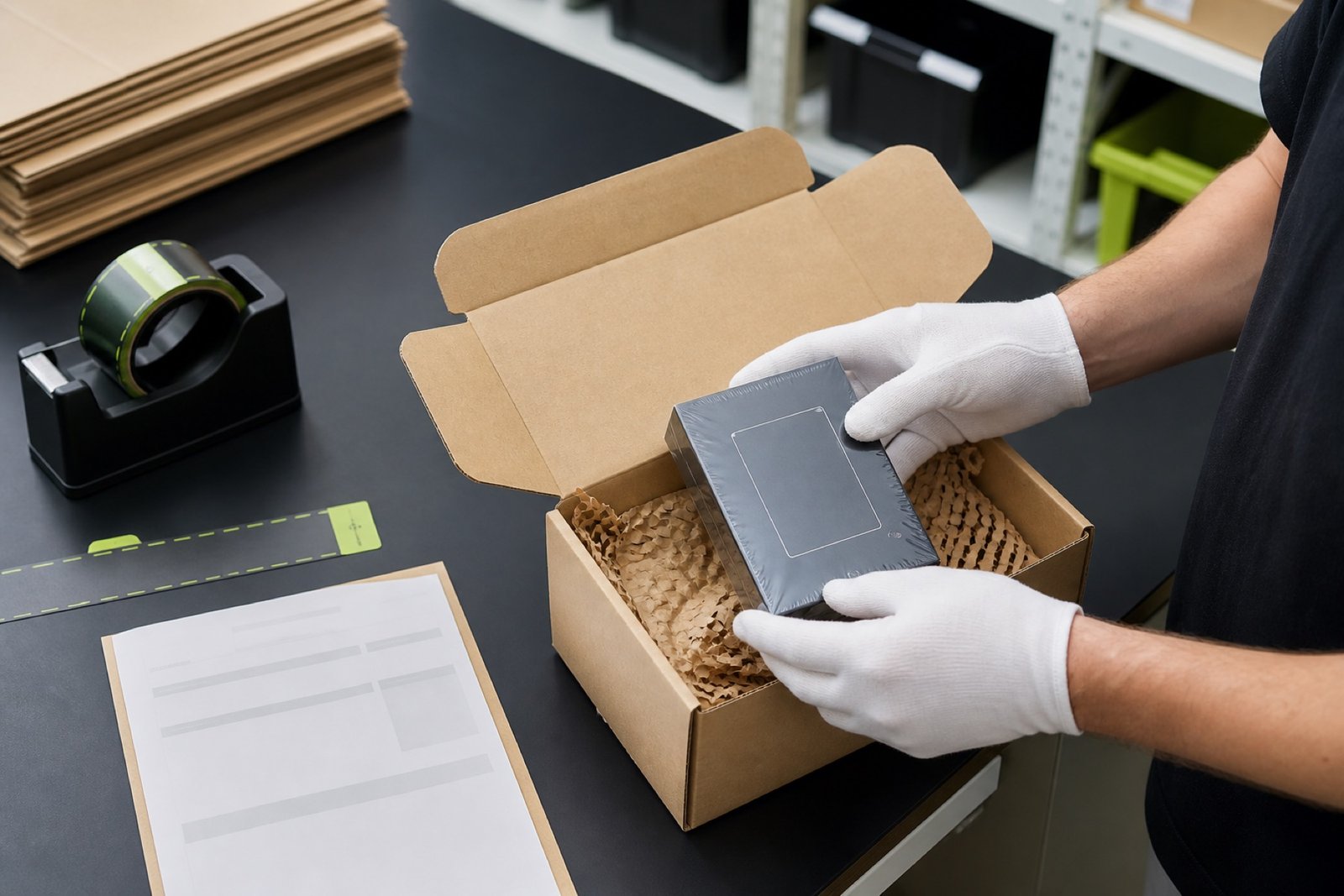 Independent retailer packing a sealed generic hardware device for shipment.