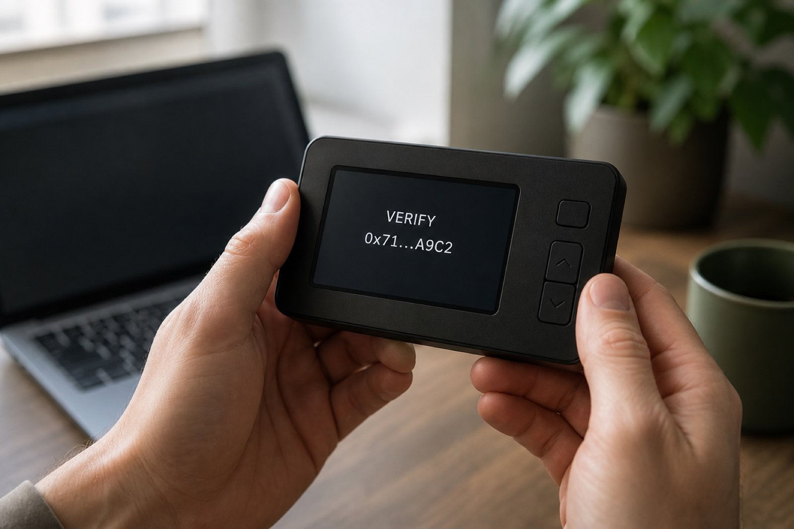 Person verifying an abbreviated address on the screen of an unbranded hardware wallet.
